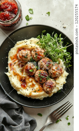 Hearty meatballs served over creamy mashed potatoes with fresh greens and savory sauce Hearty meatballs served over creamy mashed potatoes with fresh greens and savory sauce 120255574