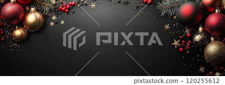 Red and black decorative Christmas ornaments with a sparkling bokeh effect for the holidays 120255612