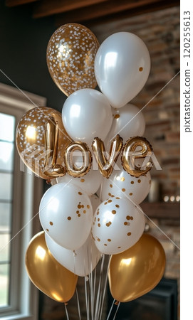 Elegant party decorations featuring love balloons and golden accents in a stylish setting 120255613