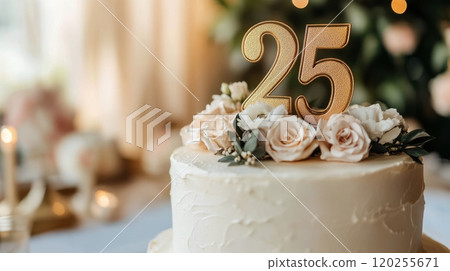 Celebrating a special birthday with an elegant cake and festive decorations 120255671