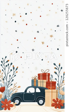 A vintage car with colorful presents surrounded by festive flowers and falling snowflakes 120255673
