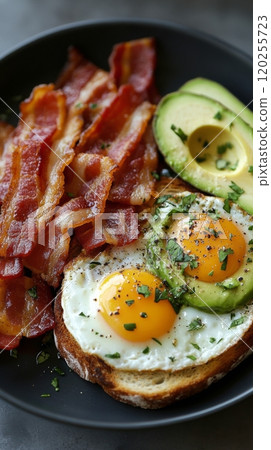 Delicious breakfast featuring avocado toast with eggs and crispy bacon on a dark plate 120255723