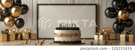 Celebratory cake with candles surrounded by balloons and gifts in a festive indoor setting 120255819