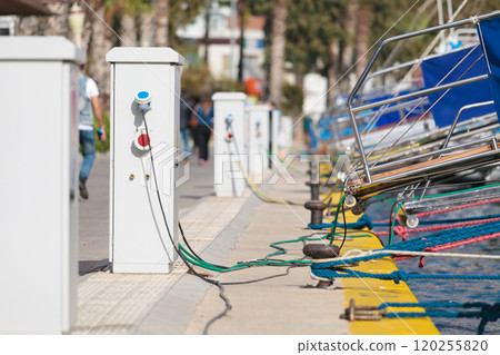 Marina power pedestals and boats in Bodrum, Turkey Marina power pedestals and boats in Bodrum, Turkey 120255820