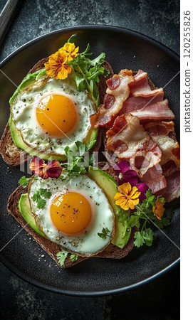 Delicious breakfast featuring avocado toast with eggs and crispy bacon on a dark plate 120255826