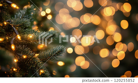 A close up view of a Christmas tree branch adorned with glowing lights during the holiday season 120255852