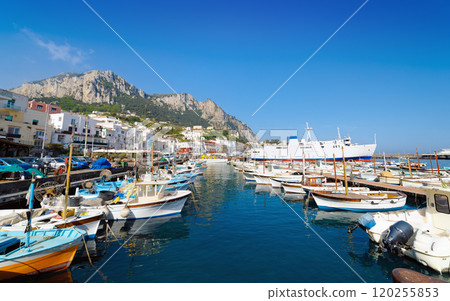 Morning view of Marina Grande in Capri, Italy 120255853