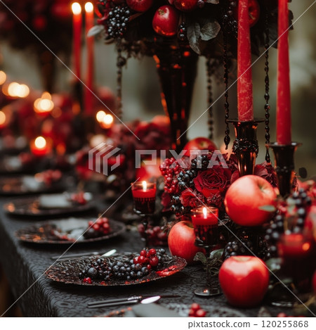 Elegant autumn dinner table setting with apples, red candles, and dark floral arrangements 120255868