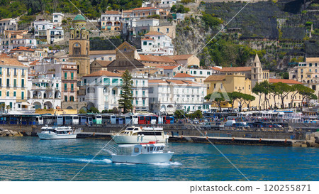Beautiful Amalfi on hills leading down to coast, azure sea in Campania, Italy Beautiful Amalfi on hills leading down to coast, azure sea in Campania, Italy 120255871