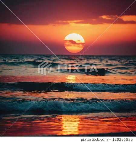 The warm glow of the setting sun casts golden hues over the tranquil waves of the ocean, creating a serene atmosphere by the shoreline during dusk. Sunset or sunrise at sea. Romantic landscape. AI 120255882