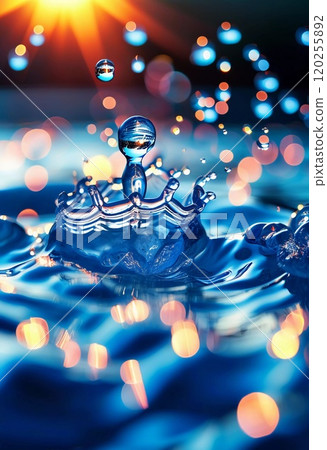 As the sun sets, sea waves crash against the shore, creating a beautiful splash. The sky is painted with warm colors, reflecting on the ocean's surface. Marine natural landscape. Generative AI 120255892