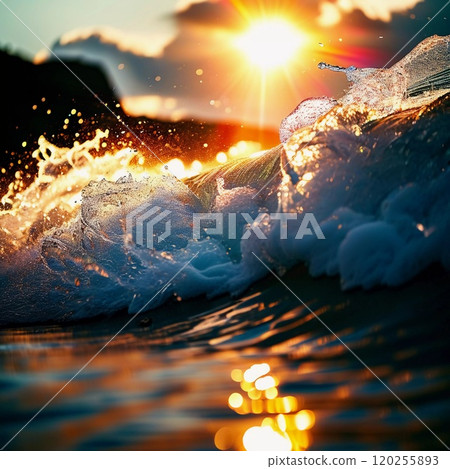 As the sun sets, sea waves crash against the shore, creating a beautiful splash. The sky is painted with warm colors, reflecting on the ocean's surface. Marine natural landscape. Generative AI 120255893