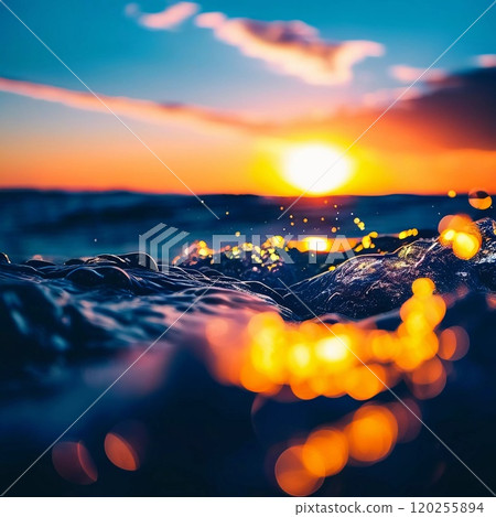 As the sun sets, sea waves crash against the shore, creating a beautiful splash. The sky is painted with warm colors, reflecting on the ocean's surface. Marine natural landscape. Generative AI 120255894