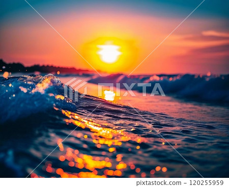 The sun rises over the ocean, casting warm hues across the water. Waves gently roll in, creating bubbles that sparkle in the early light while clouds streak the sky in vibrant colors. Generative AI 120255959