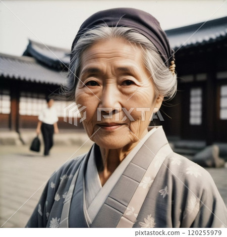 A graceful Japanese woman 70 years old wears a traditional kimono adorned with floral patterns while posing in beautiful garden. The tranquil surroundings enhance her dignified presence. Generative AI 120255979