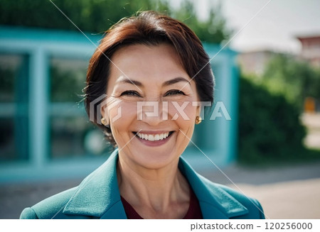 A cheerful woman 50 years old is enjoying a sunny afternoon in a park, showcasing her radiant smile and elegant pearl earrings as she embraces the moment. A resident of Kazakhstan. AI generated. 120256000