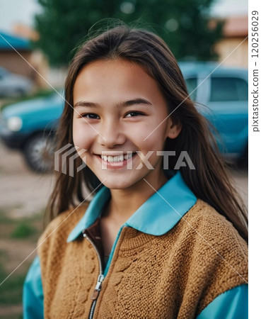 A cheerful young girl with long hair is smiling warmly, showcasing her happiness. Portrait of a pretty cheerful brunette girl, 15 years old, resident of Kazakhstan. Generative AI 120256029