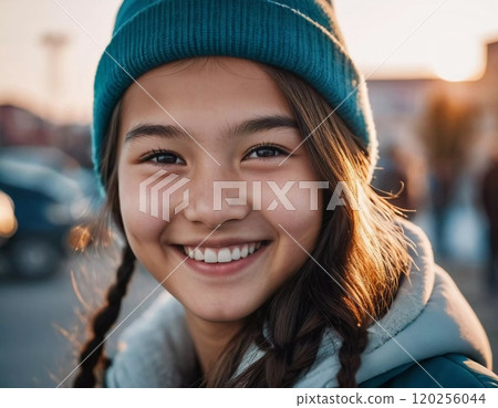 A cheerful young girl with long hair is smiling warmly, showcasing her happiness. Portrait of a pretty cheerful brunette girl, 15 years old, resident of Kazakhstan. Generative AI 120256044