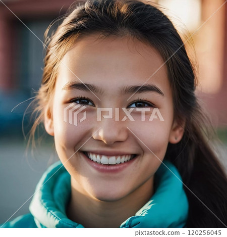 A cheerful young girl with long hair is smiling warmly, showcasing her happiness. Portrait of a pretty cheerful brunette girl, 15 years old, resident of Kazakhstan. Generative AI 120256045