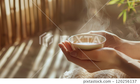 Women's hands hold a cup of green tea. Restorative treatments in a spa salon. 120256137