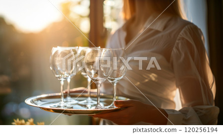 A tray with glasses in the hands of a waiter. 120256194