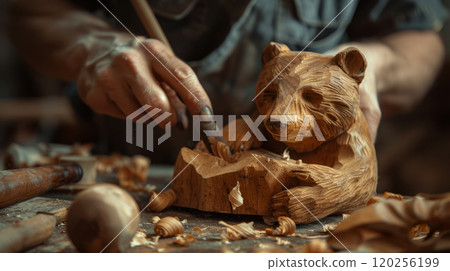 The process of a master carving wood. 120256199