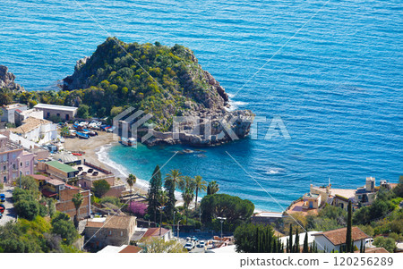Aerial view of picturesque coastline of Taormina in Sicily 120256289