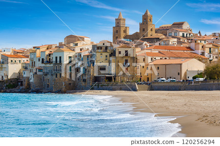 Scenic view of Cefalu, Tyrrhenian coast of Sicily, Italy 120256294