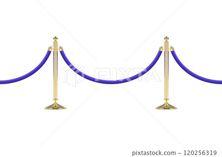 Barriers with blue rope, seamless line. Realistic golden stanchion poles 120256319