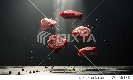 Appetizing marbled beef steaks on a black background. Appetizing marbled beef steaks on a black background. 120256328