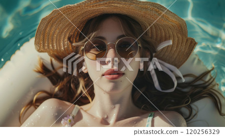 Young woman wearing sunglasses and a straw hat. 120256329