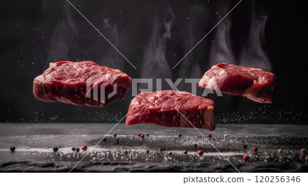 Beef steaks fall on a wooden table. 120256346