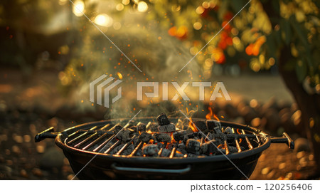 Heated up grill in the backyard. Heated up grill in the backyard. 120256406