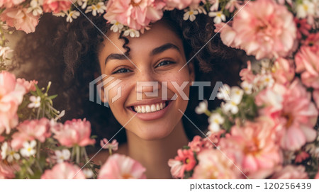 Cheerful girl in flowers 120256439