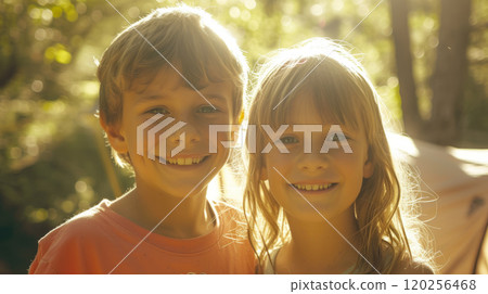 A boy and a girl on a sunny day in the forest. A boy and a girl on a sunny day in the forest. 120256468