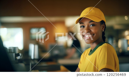 Portrait of a young woman in a yellow uniform at the workplace. 120256469