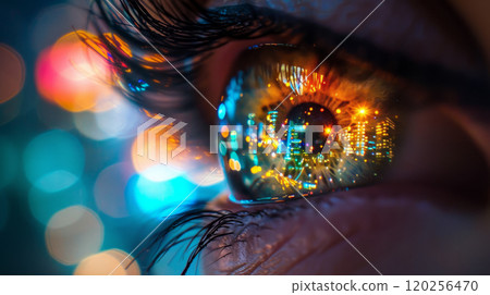 Reflection of the night city in the iris of the eye. 120256470