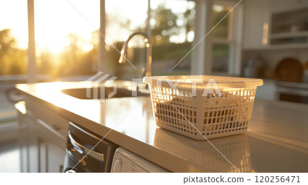 Plastic basket on kitchen sink 120256471
