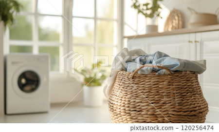 Basket with dirty laundry on the background of a washing machine. Basket with dirty laundry on the background of a washing machine. 120256474