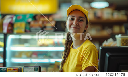 Positive girl cashier at a gas station. 120256476