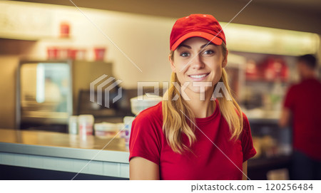 Smiling girl in a red work uniform. 120256484