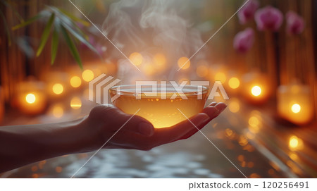 Warm drink in a glass bowl. 120256491