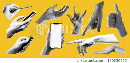 Set of hands gestures at the popart style and halftone effect on the bright yellow background. Trendy zine dadaizm elements isolated as a png. Vintage white and black retro collection 120256552