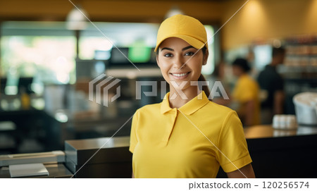 Young girl cashier employee of the month. 120256574