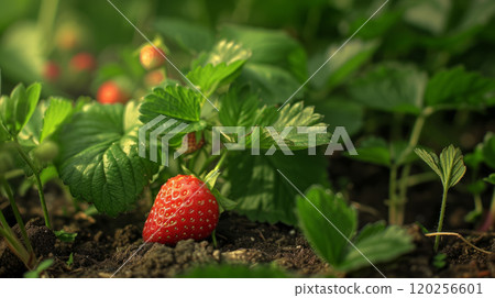 Red strawberries on a green bush 120256601