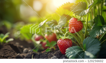 Growing strawberries. Ripe red strawberries Growing strawberries. Ripe red strawberries 120256602