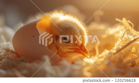 Newborn chick in the nest 120256628