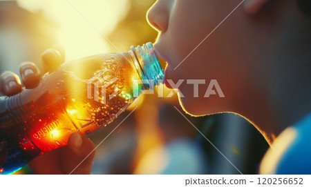 Close-up of a boy drinking sweet soda. 120256652