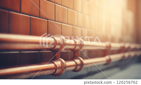 Copper pipes along a brick wall. 120256702