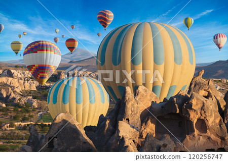 Hot air balloons at sunrise in Cappadocia, Turkey 120256747